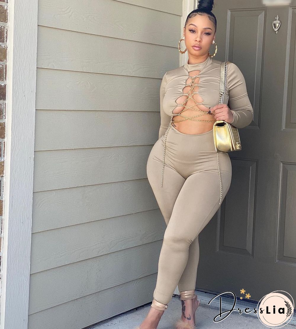 Sexy Hollow Out Chain Lace Up Skinny Jumpsuit