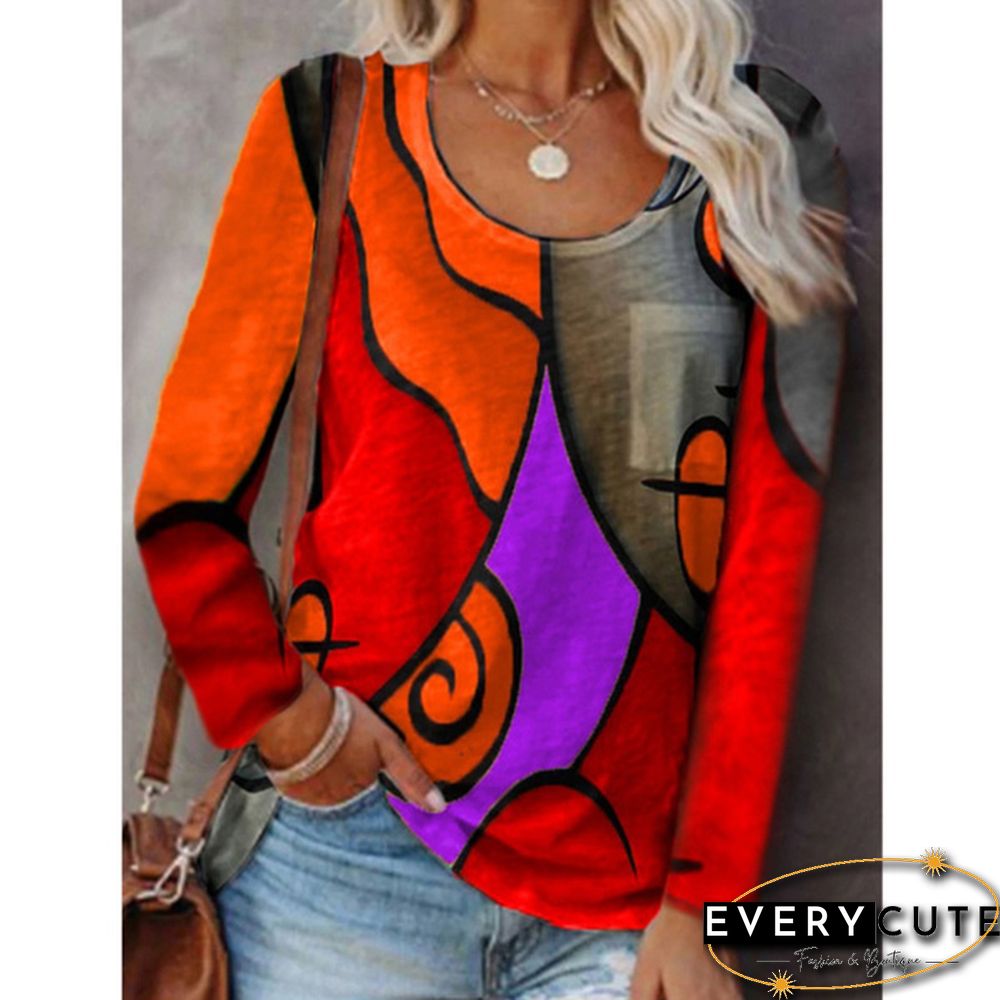 New Autumn and Winter Women's Casual Blouses Long-sleeved T-shirt Stitching Color Printed Tops Plus Size