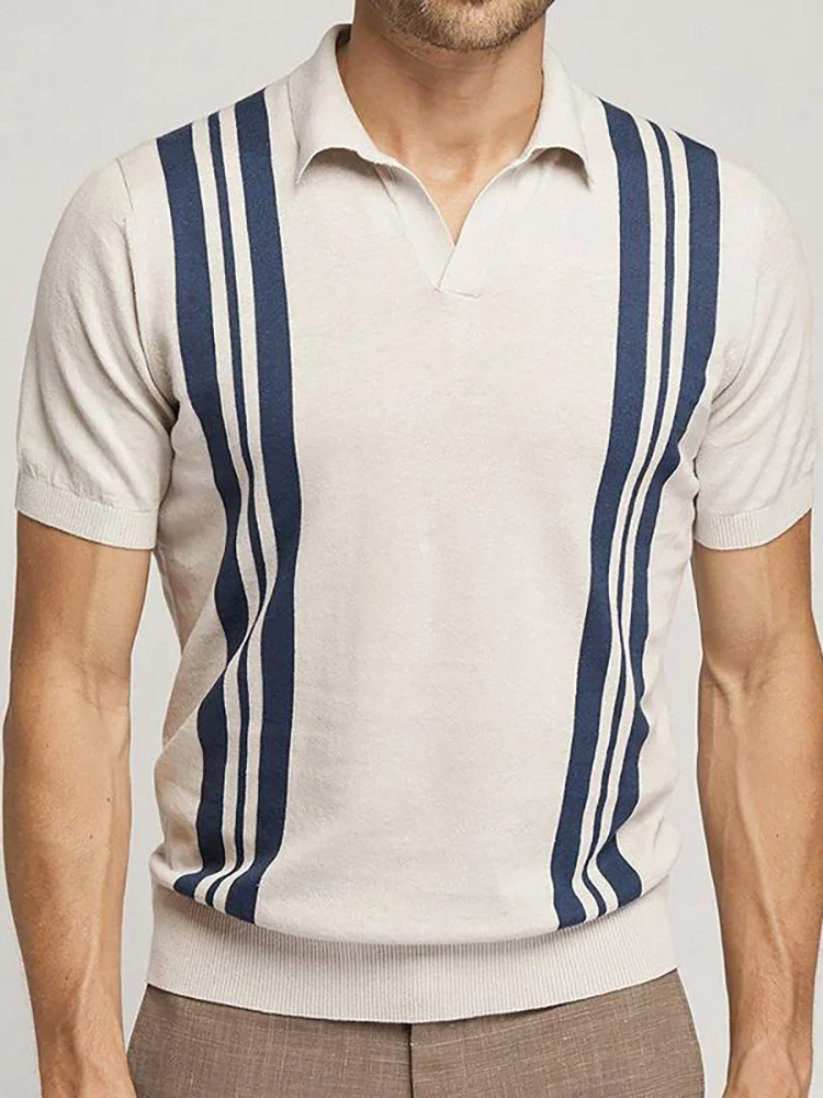 Stripe Print Classic Button Short Sleeve Knit Casual Polo Shirts for Men at Hiphopee