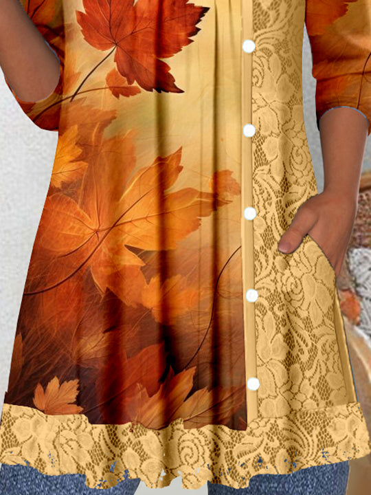 Women's Long Sleeve Scoop Neck Graphic Lace Buttons Top