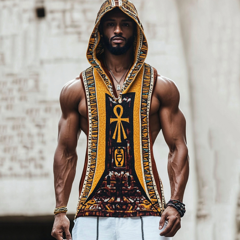 Men's Vintage Egyptian Tribal Embroidered Hooded Linen Tank