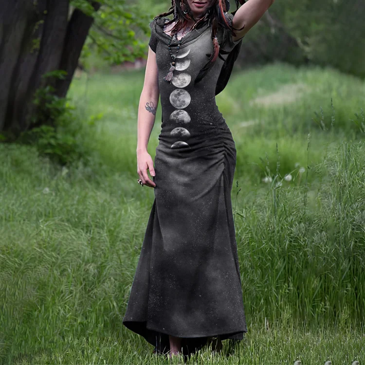 Medieval Vintage Moon Print Hooded Maxi Dress