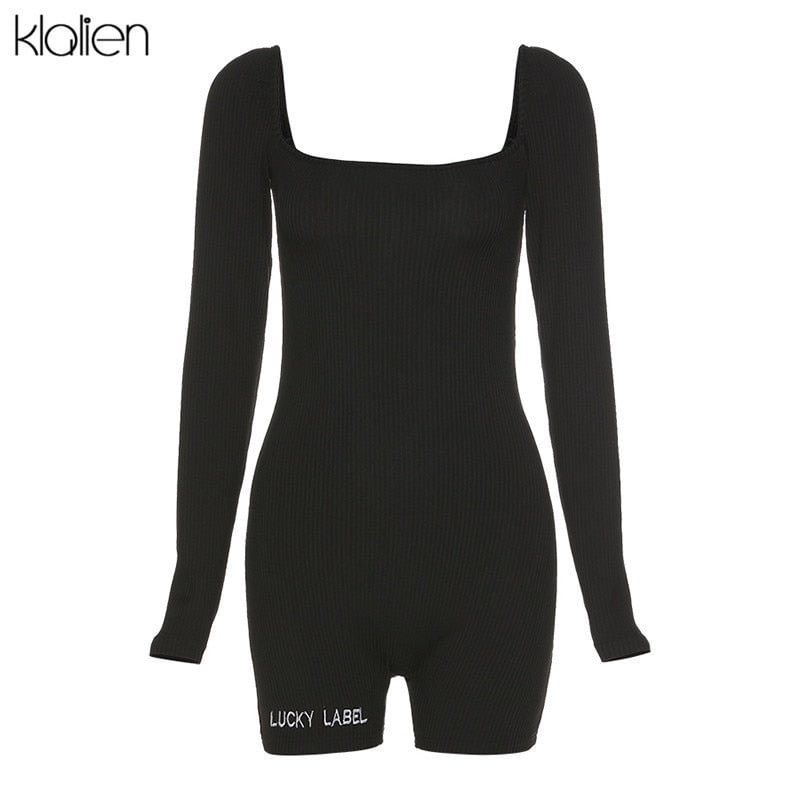 KLALIEN casual streetwear black spring summer print letter skinny playsuit women elastic yoga fitness sportwear female playsuit