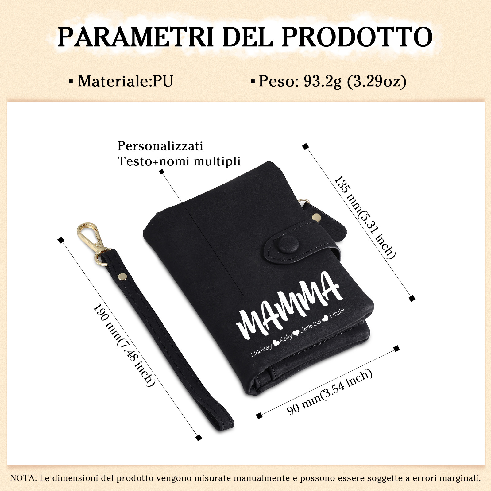 Portafoglio in PU pelle con 4 nomi & 2 testi & 1 foto personalizzati per mamma