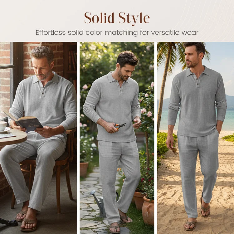 👕 60% RABATT! 🌞 Herren 2-teiliger Freizeit-Set &ndash; Leinen Polo-Shirt mit Langen &Auml;rmeln & Lange Hose, Atmungsaktiv & Perfekt f&uuml;r Fr&uuml;hling & Sommer 🌿