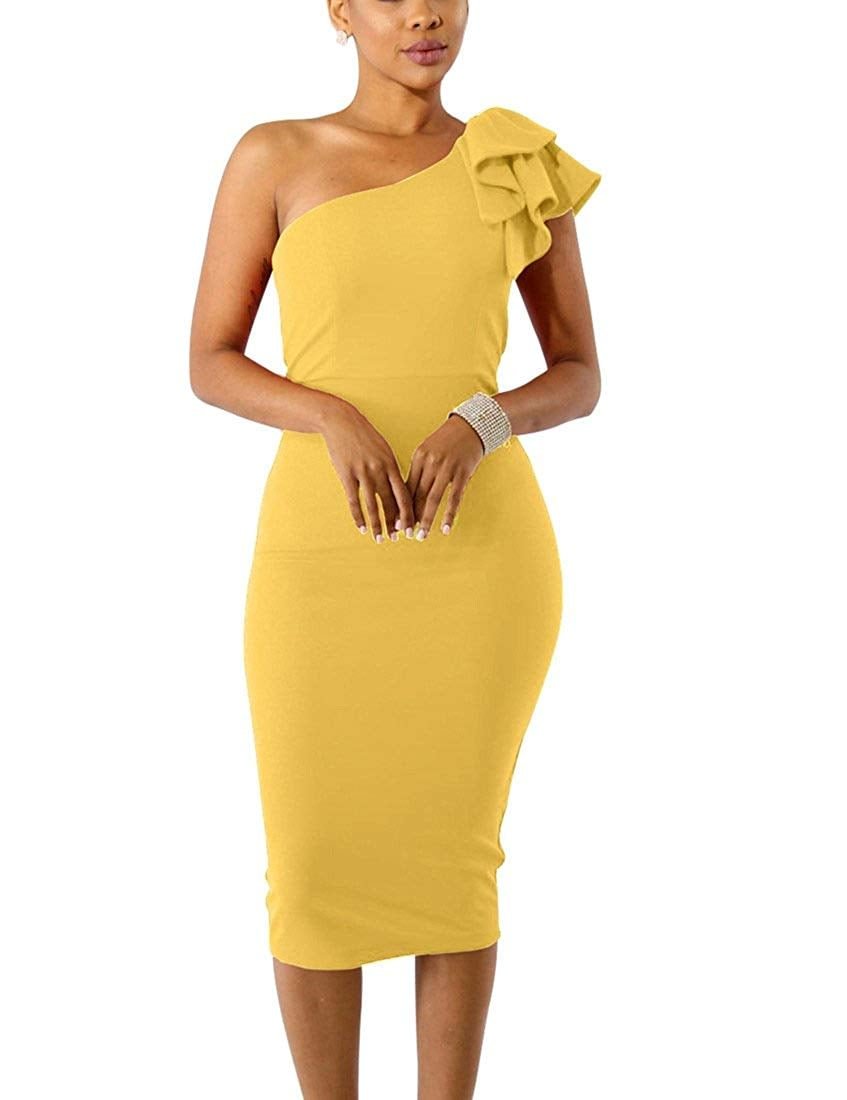 Womens Sexy Ruffle One Shoulder Sleeveless Bodycon Party Club Midi Dress 