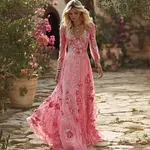 Vintage Boho Roses Embroidered Flowy Linen Maxi Dress - Image 4