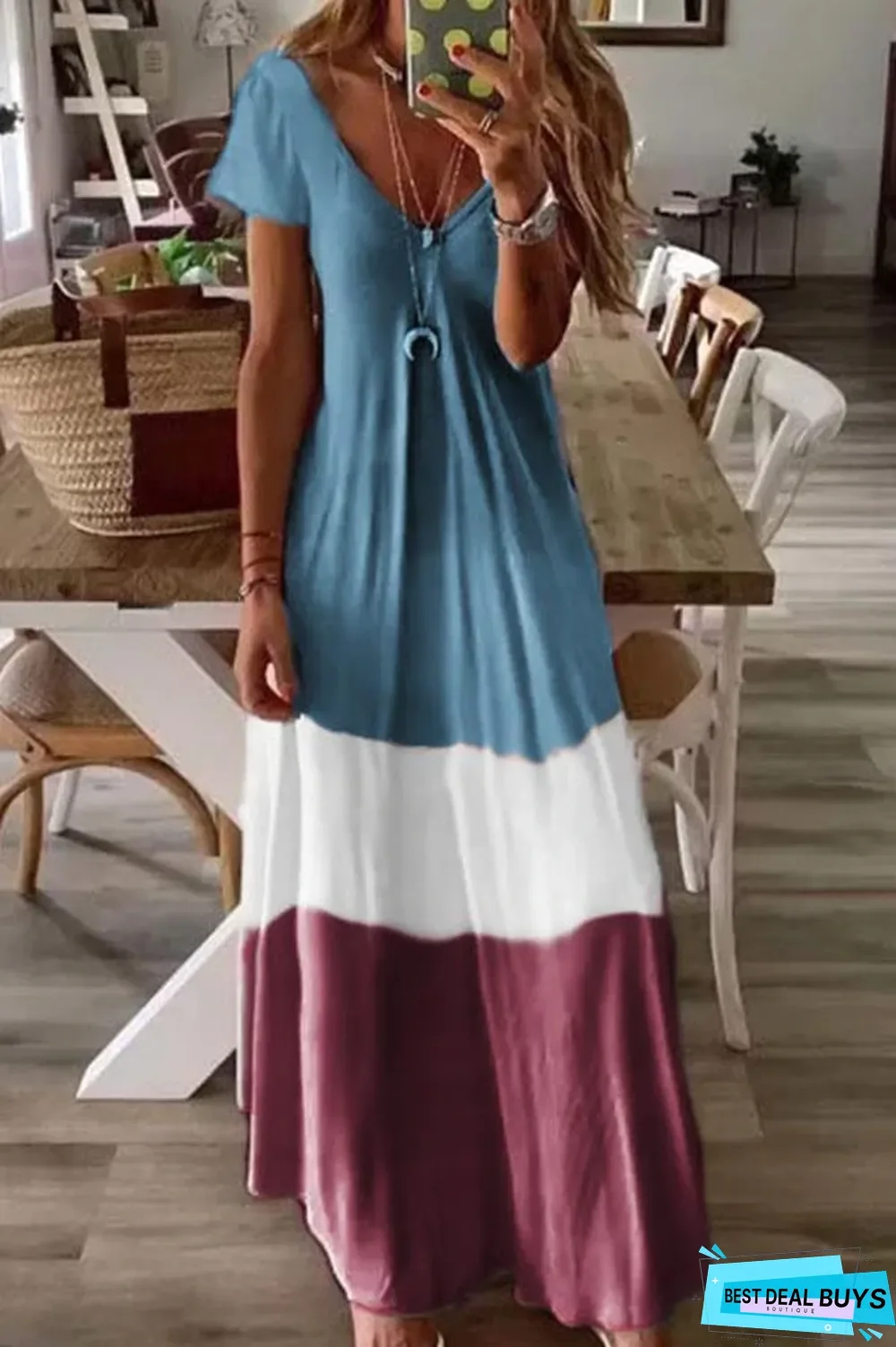 Color-Block V-Neck Short Sleeves A-Line Holiday Maxi Dress