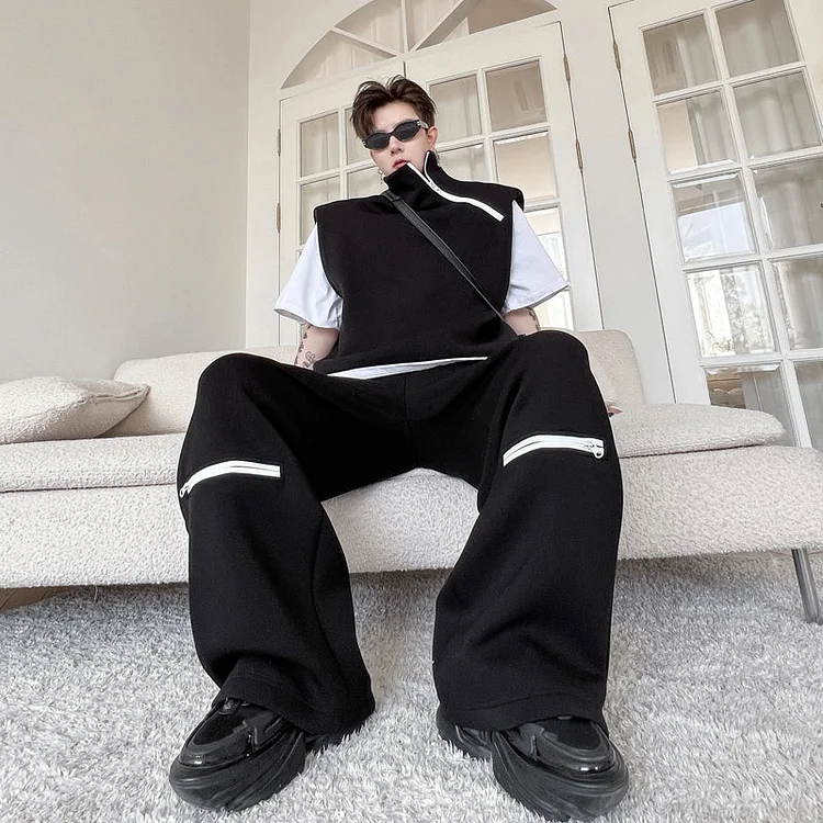 Dawfashion Techwear Streetwear-Summer Solid Color Zipper Decoration Pullover Vest Casual Pants Set-Streetfashion-Darkwear-Techwear