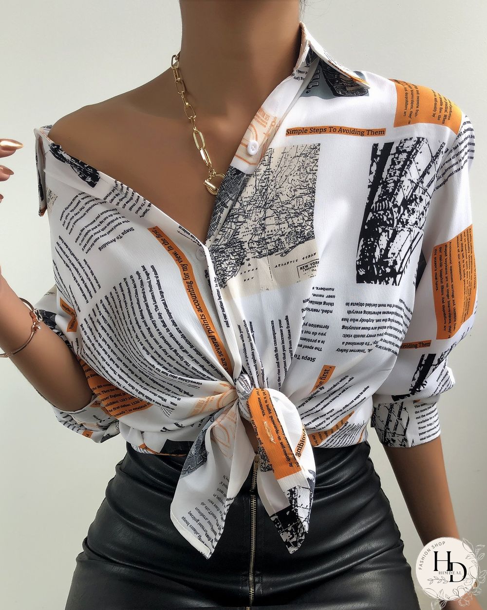 Newspaper Print Button Design Lantern Sleeve Shirt P13545