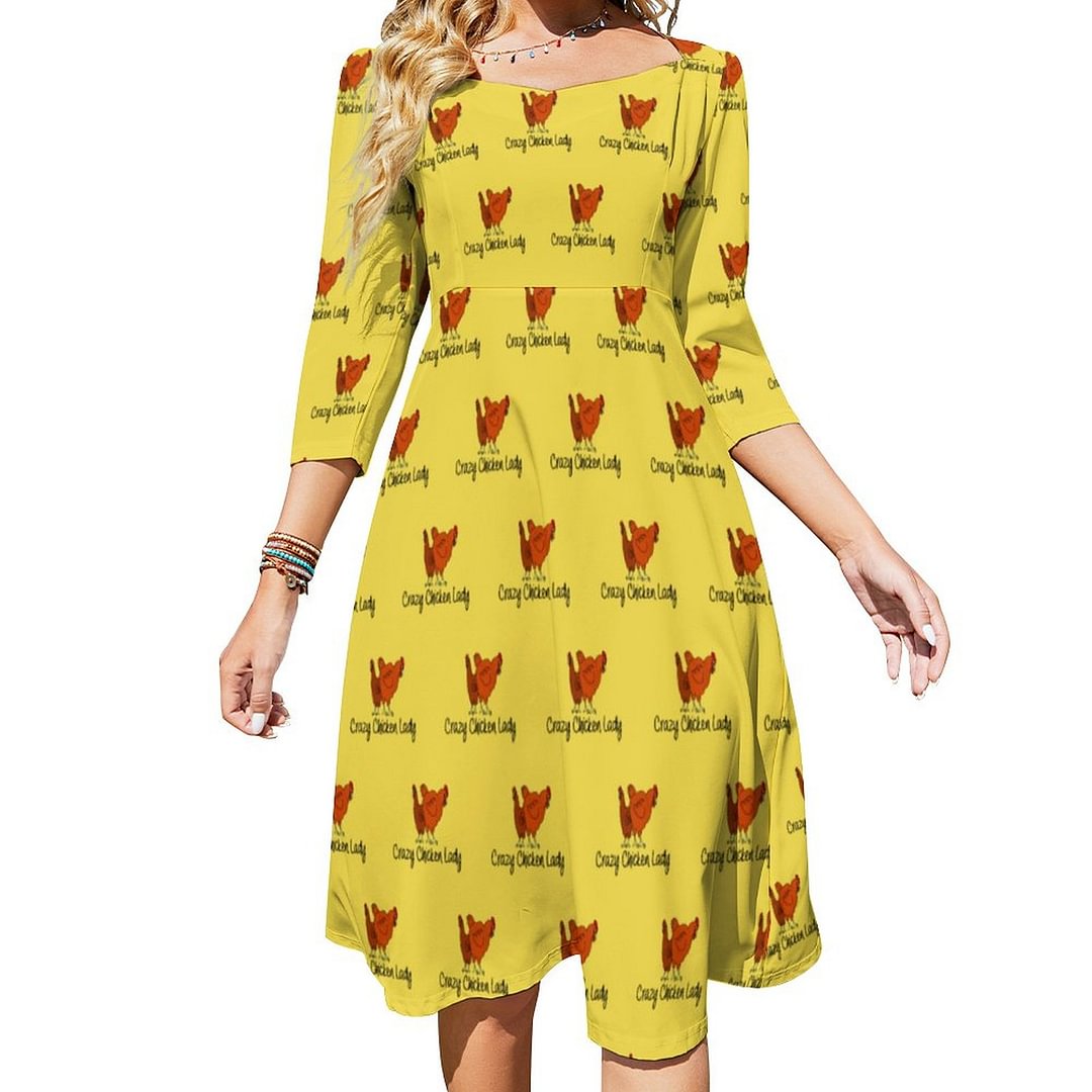 Crazy Chicken Lady Dress Sweetheart Tie Back Flared 3/4 Sleeve Midi Dresses