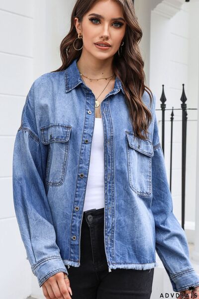 Raw Hem Pocketed Collared Neck Denim Jacket