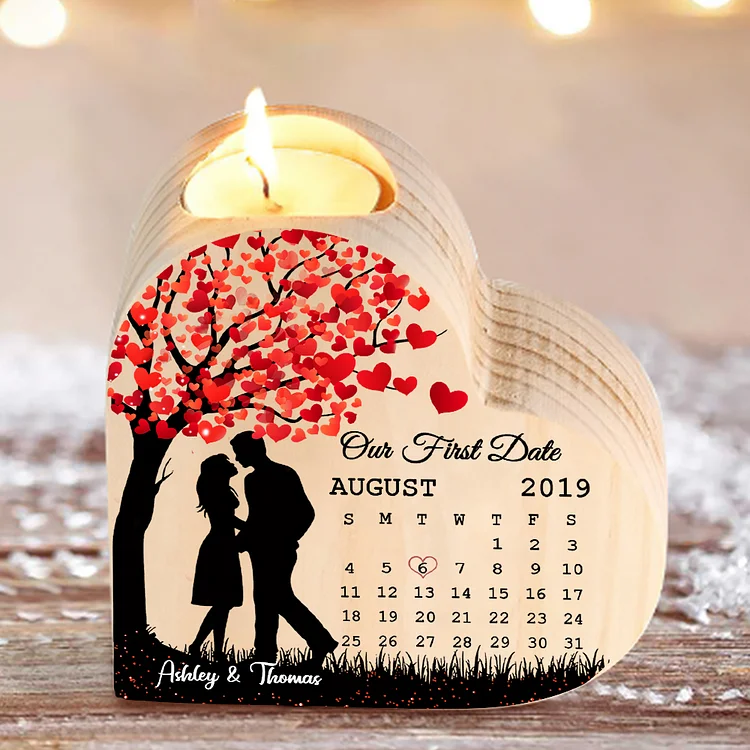 Wooden Couple Candle Holder Custom 2 Names & Date & Text Candlesticks Calendar Valentine's Day Gifts for Couples