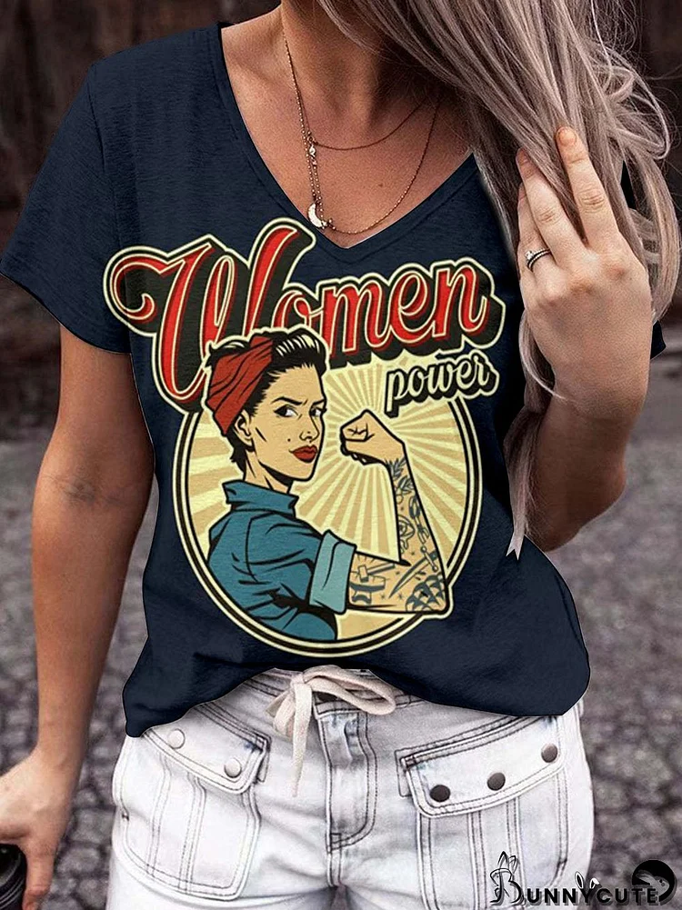 Women Power Print V-Neck T-Shirt