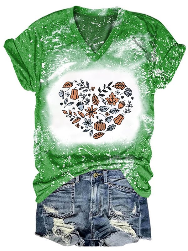 Short Sleeve V Neck Gradient Pumpkin Patch Letter Printed T-shirt