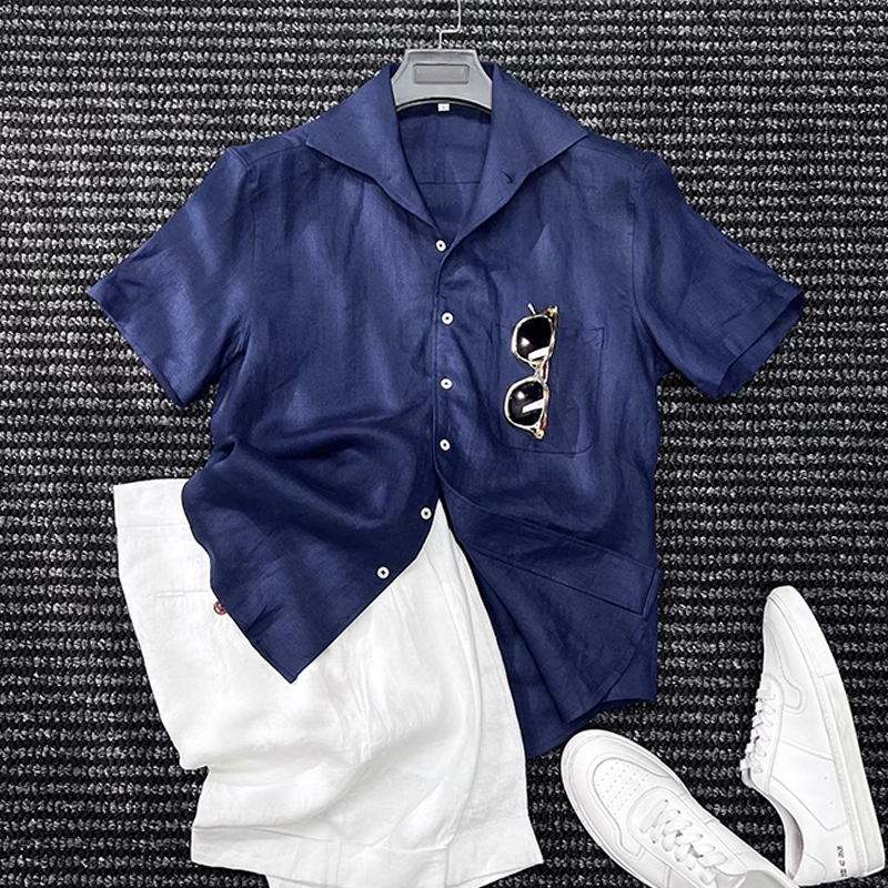 Men's Vintage Linen Windsor Collar Short Sleeve Shirt