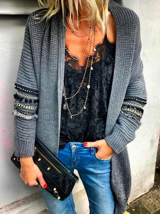 Ethnic Casual Collarless Yarn/wool Yarn Cardigans