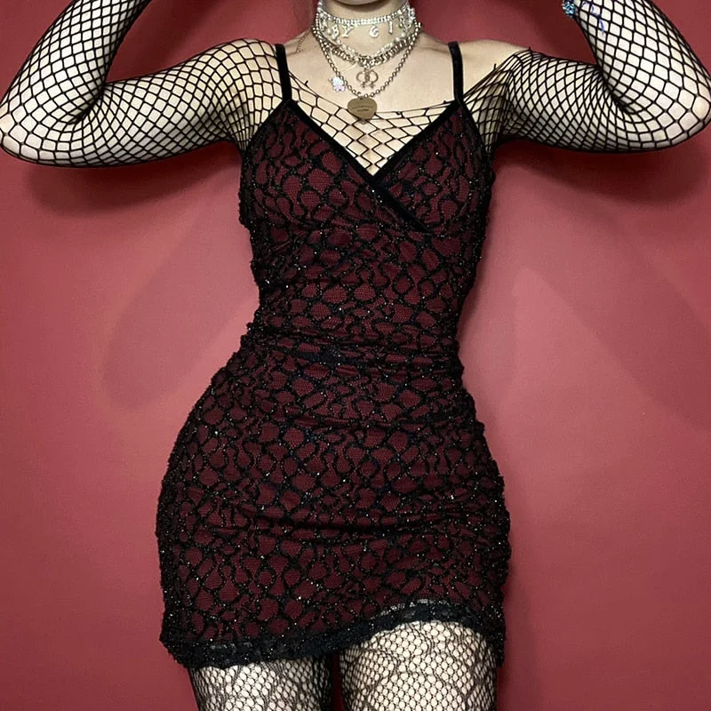 InsGoth Gothic Sexy V Neck Red Dress Grunge Bodycon Backless High Waist Mini Dress Goth Vintage Sleeveless Women Dress Club Wear