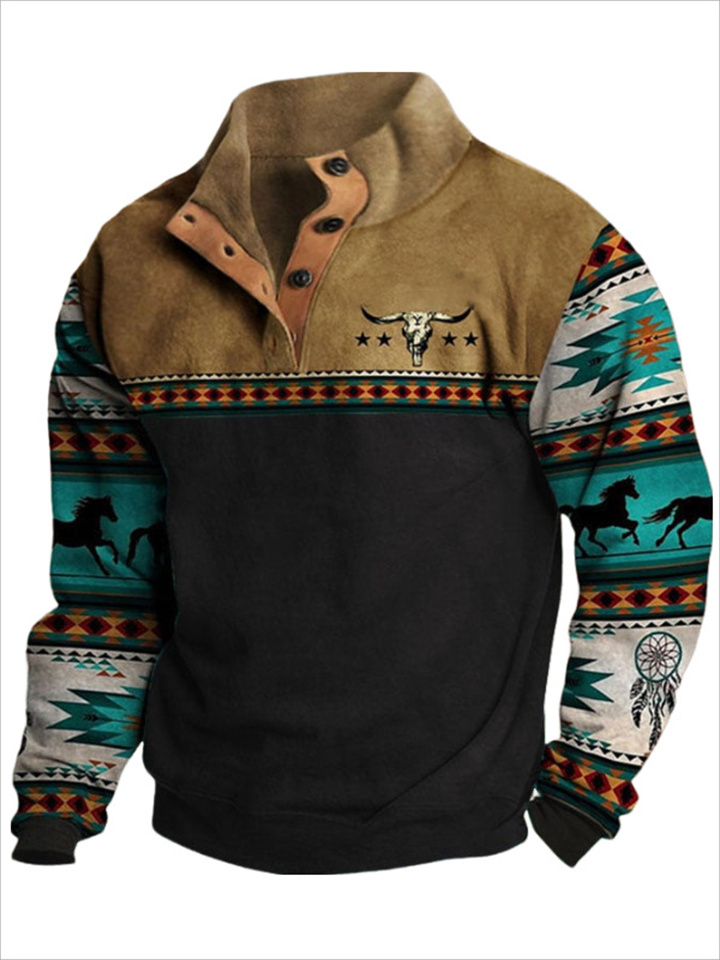 Men's Retro Henley Shirt 3d Digital Printing Fashion Loose Henley Collar Long Sleeve