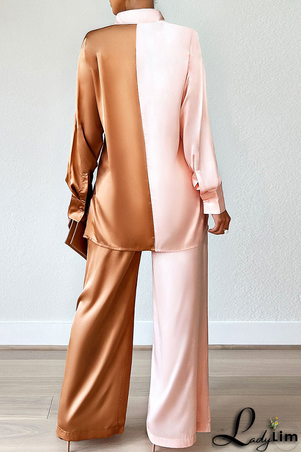 Coffee Fashion Solid Patchwork Turndown Collar Long Sleeve Two Pieces