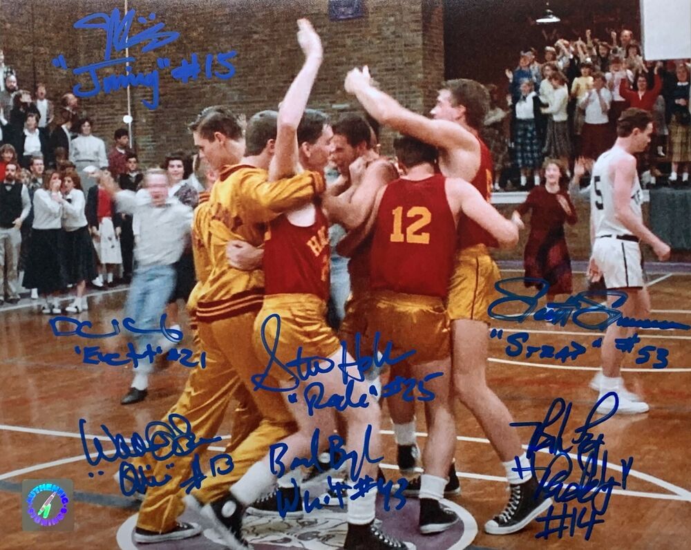 Hoosiers Cast Autographed Hickory Team 8x10 Celebration Photo Poster painting ASI Proof