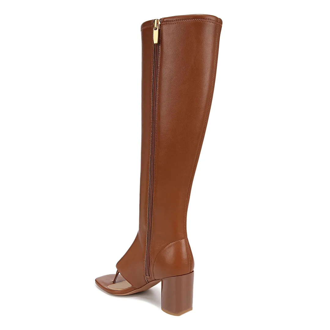 Vegan Leather Open Square Toe Side-Zip Brown Knee-High Boots