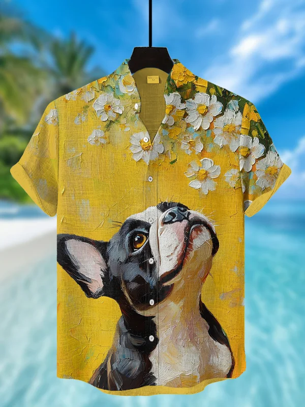 Men's Oil Painting Dog Floral Print Short Sleeve Shirt