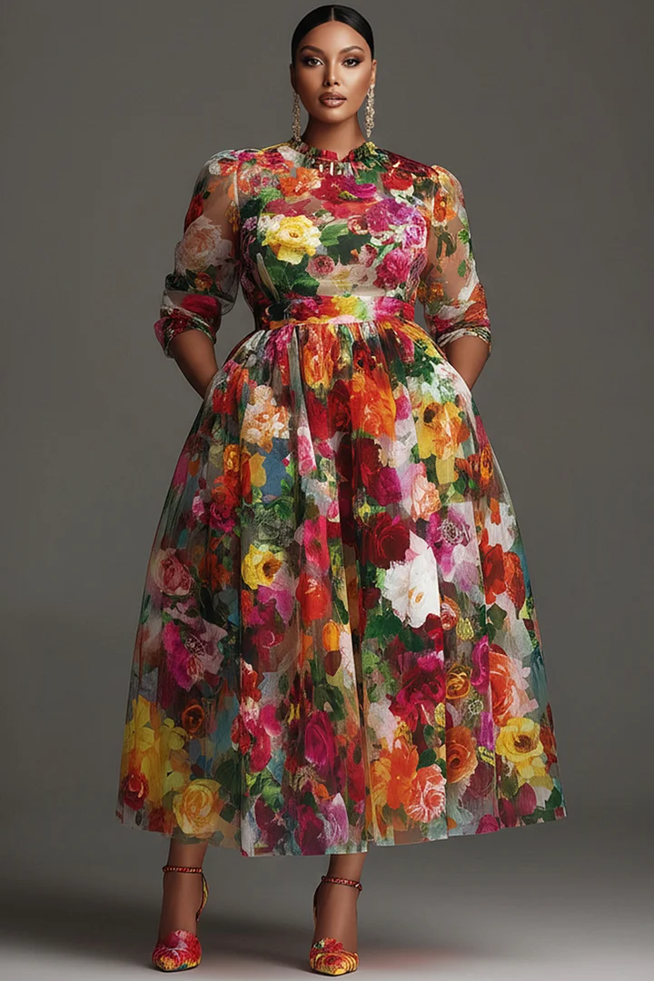 Xpluswear Design Plus Size Cocktail Party Multicolor Floral Round Neck Long Sleeve Pocket Chiffon Midi Dresses 2024 - Xpluswear