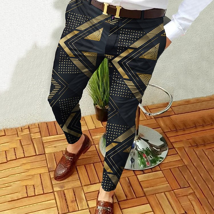 BrosWear Fashion Black Gold Geometric Casual Pants
