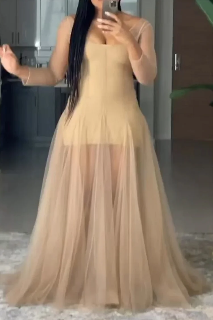 Plus Size Apricot Daily V-neck See-through Mesh Maxi Dresses (Without Belt) [Pre-Order]