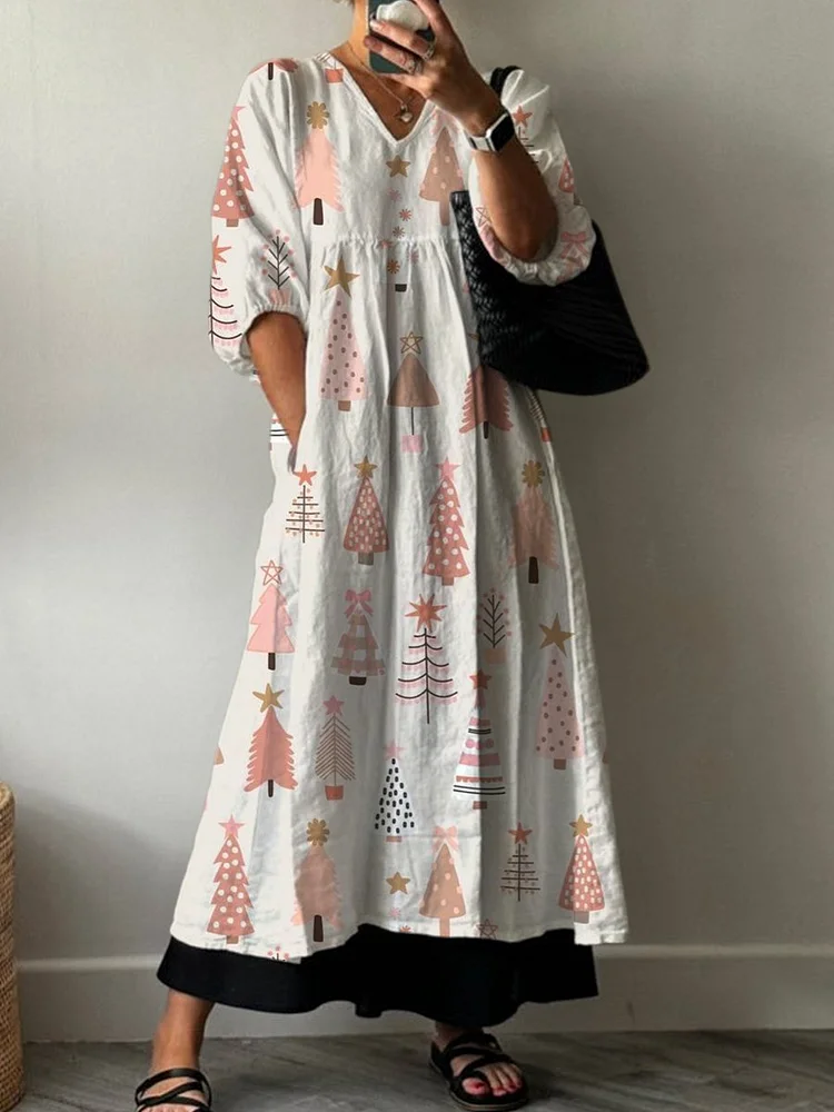 Women's Cute Pink Christmas Tree Print Pocket V-neck Cotton Dress