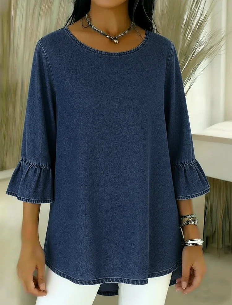 Casual Loose-fitting Ruffled Sleeves Denim Top socialshop