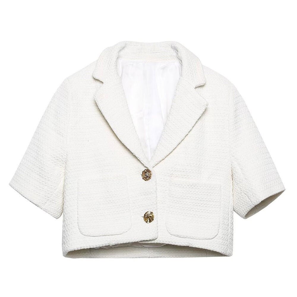 TRAF Women Fashion Metal Button Tweed Cropped White Blazer Coat Vintage Short Sleeve Pockets Female Outerwear Chic Tops
