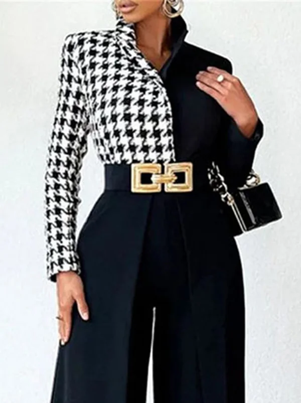 Long Sleeves Loose Houndstooth Split-Joint Lapel Blouses Blouses&shirts Tops