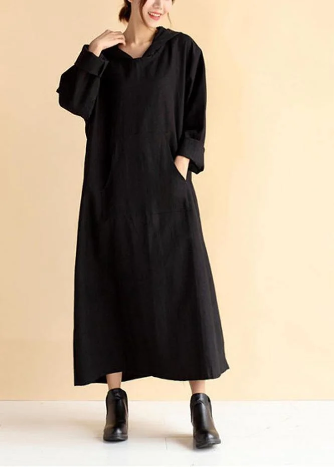 Women Hooded Pockets Spring Quilting Dresses Wardrobes Black Loose Dresses