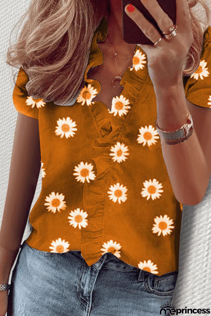 Daily Print Flounce V Neck Tops(10 colors)