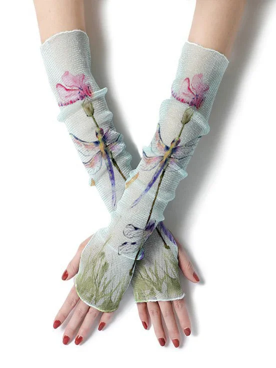 Retro dragonfly print sleeve decoration fingerless sleeve gloves sun protection