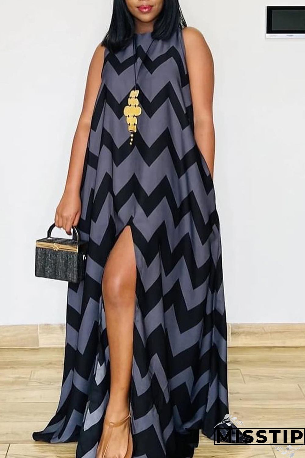 Gray Blue Daily Party Print Slit O Neck A Line Dresses