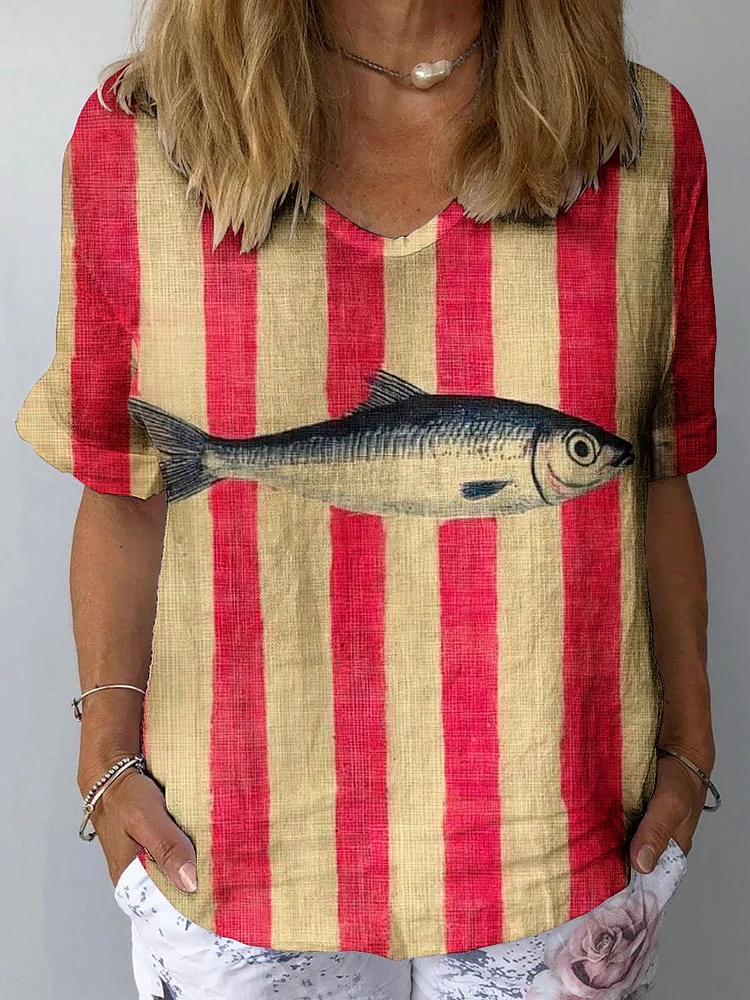 Women's Vintage Ocean Fish Art Print Casual Cotton And Linen Shirt
