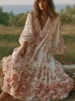 Retro Pink Rose Design V-neck Long-sleeve Casual Dress