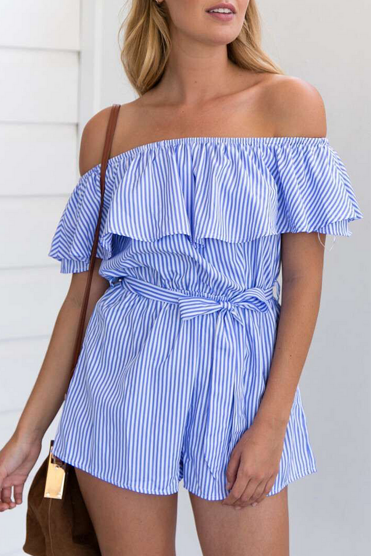 Casual Striped Flounce Off The Shoulder Straight Jumpsuits