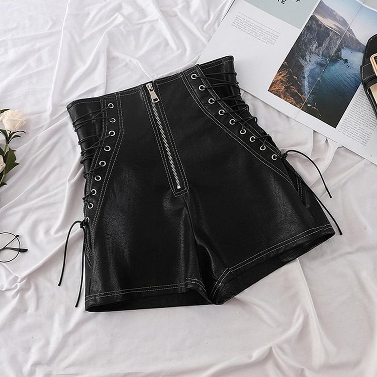 Gothic Straight Thin High Waist Zipper Black Shorts SP14690