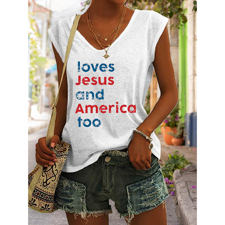 Loves Jesus And America Too Print V neck Tank Top socialshop