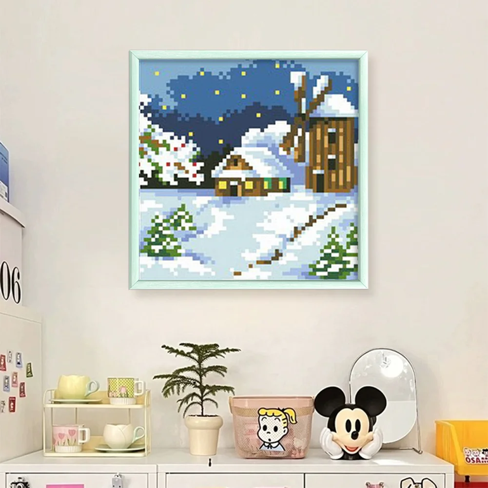 9CT Full Stamped Cross Stitch Bead Embroidery - Landscape Winter(Canvas|17*17CM)