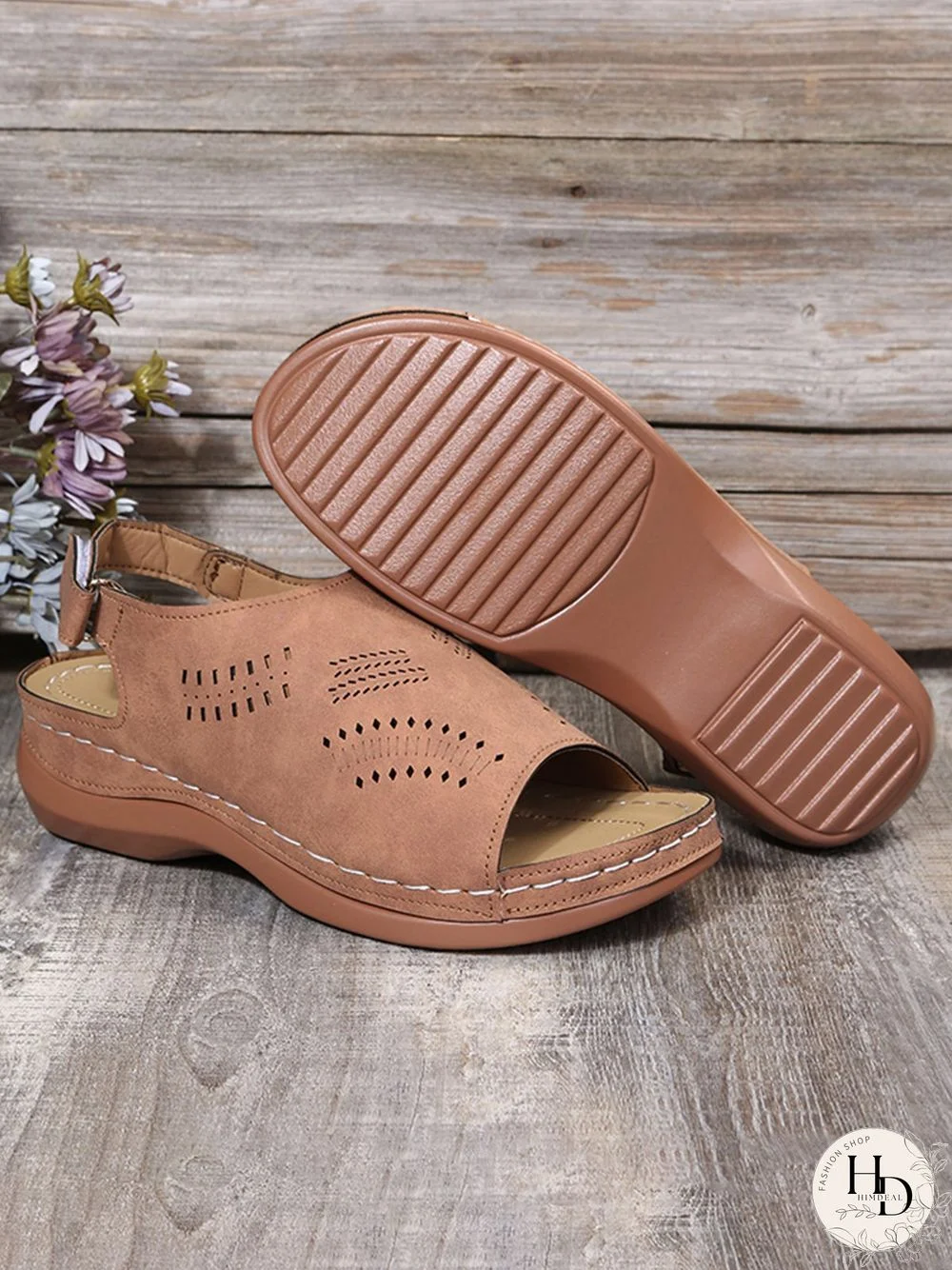 Cutout Velcro Vintage Casual Velcro Wedge Sandals