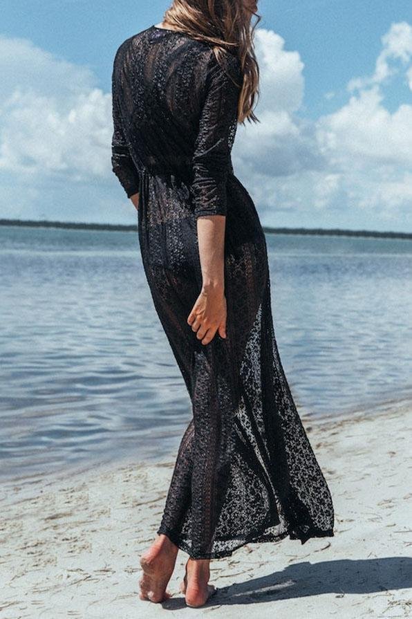 Black Boho Sheer Lace Long Sexy Beach Cover Up Dress-elleschic