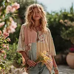 Women's Rose Floral Patchwork Casual Vacation Linen Blend T-shirt - Image 2