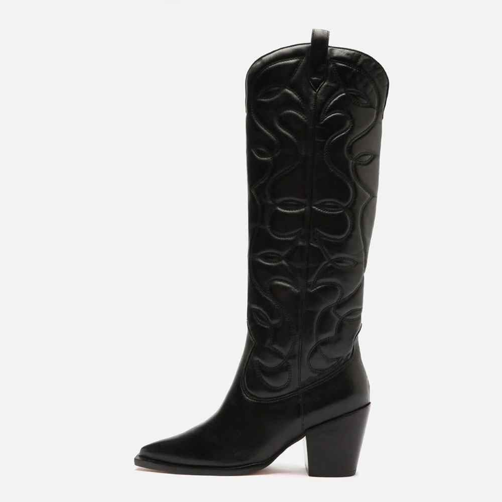 Black Pointed Toe Block Heeled Wide Calf Knee High Cowgirl Boots    