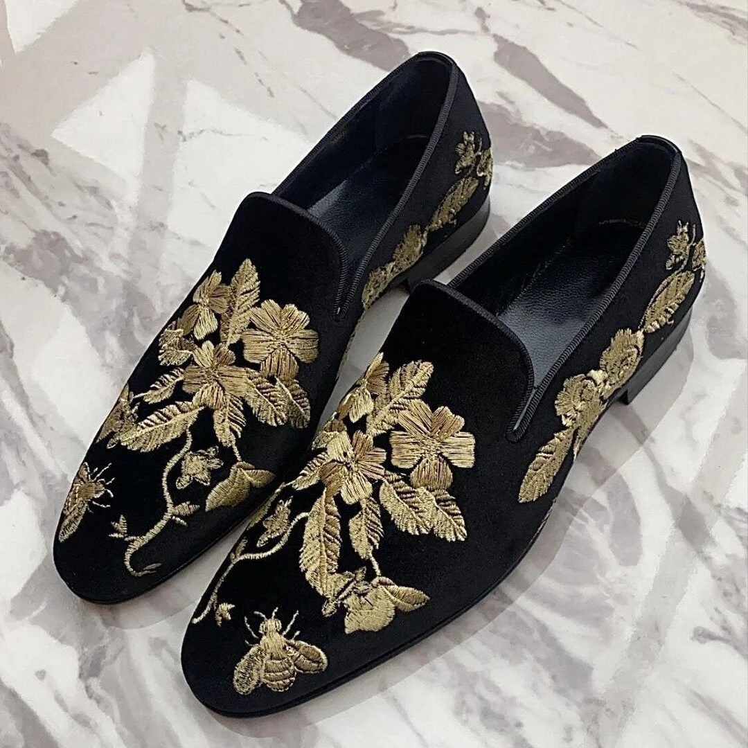 Golden Black Embroidery Men's Luxury Loafers