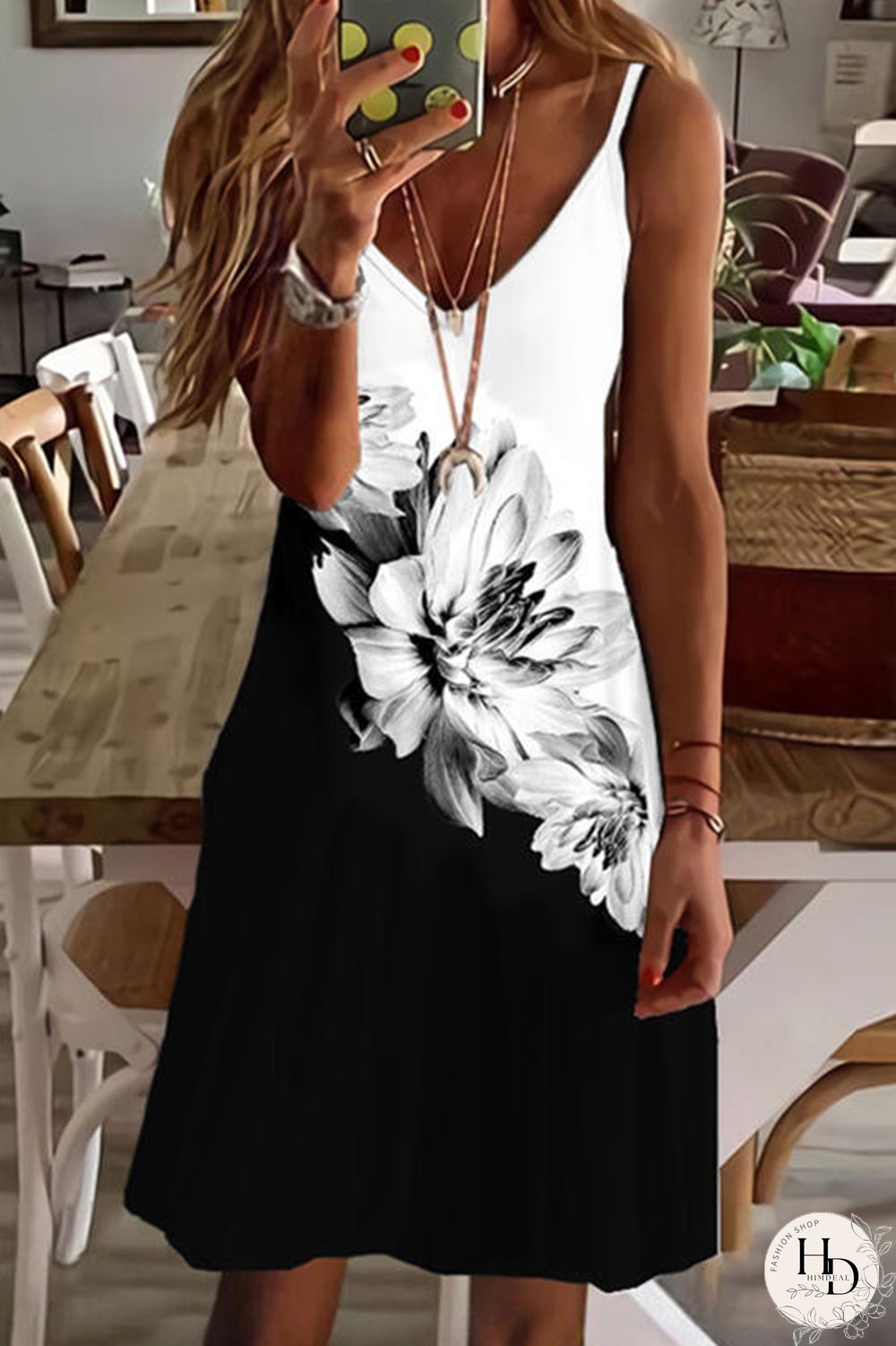 White Black Sexy Casual Print Backless V Neck Sling Dress